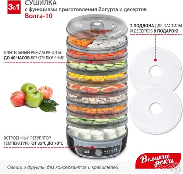 Сушилка для овощей и фруктов Великие Реки Волга-10 3в1