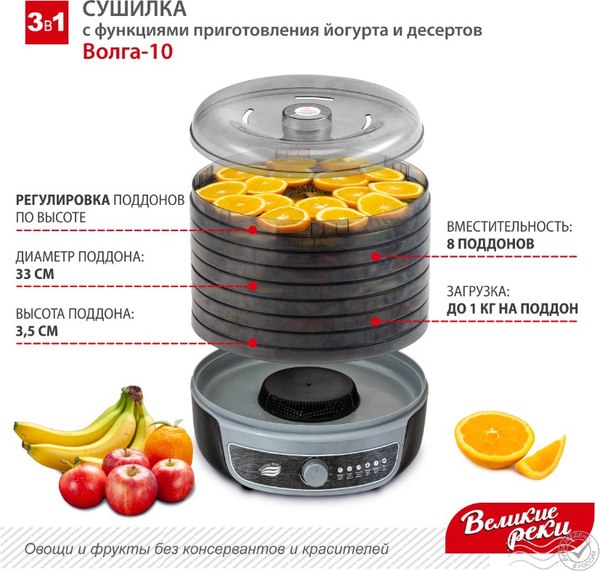Сушилка для овощей и фруктов Великие Реки Волга-10 3в1