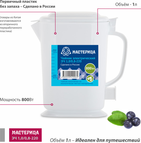 Электрочайник Мастерица ЭЧ-1.0/0.8-220Б (белый)