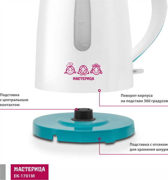 Электрочайник Мастерица ЕК-1701M (белый/бирюзовый)