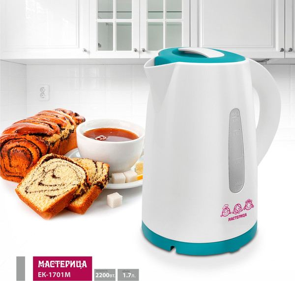 Электрочайник Мастерица ЕК-1701M (белый/бирюзовый)