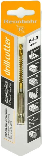 Сверло Rennbohr Drill-Cutter 4х88мм HSS-TIN HEX1/4 E63 / 672204 - фото