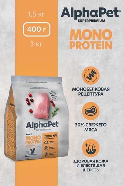 Сухой корм для кошек AlphaPet Monoprotein с индейкой / 121343