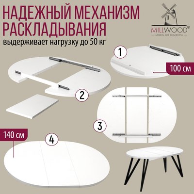Обеденный стол Millwood Женева 3 Л раздвижной D100-140x100x76 (белый металл/металл черный)
