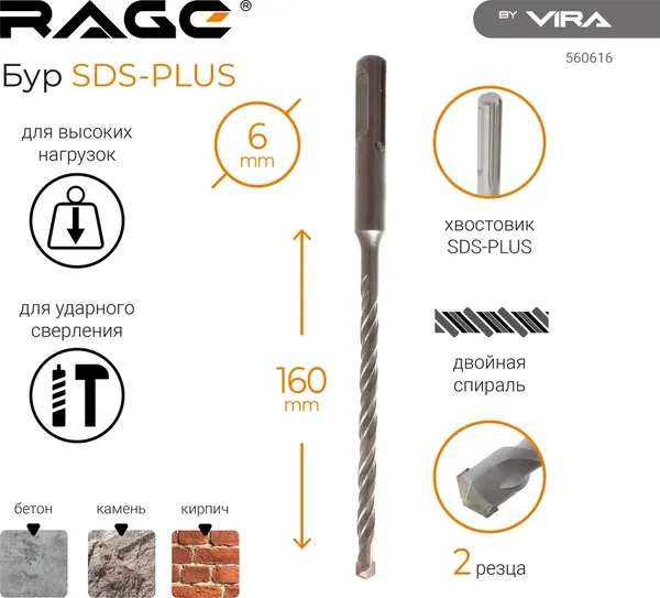 Бур Vira Rage SDS-plus 6x160мм / 560616
