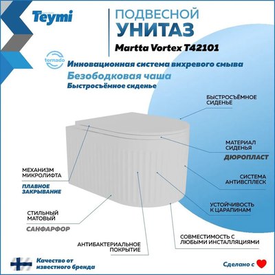 Унитаз подвесной Teymi Martta Vortex T42101