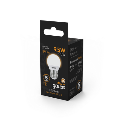 Лампа Gauss Шар 9.5W 890lm 3000K E27 LED / 105102110