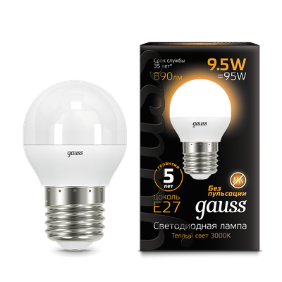 Лампа Gauss Шар 9.5W 890lm 3000K E27 LED / 105102110