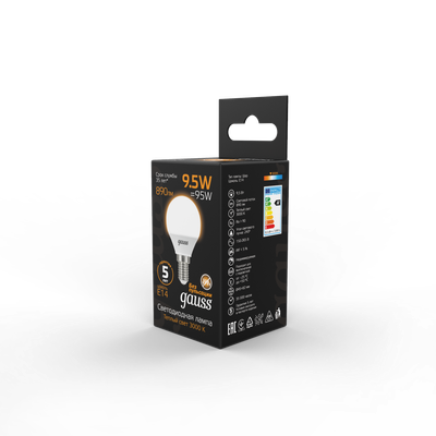 Лампа Gauss Шар 9.5W 890lm 3000K E14 LED / 105101110