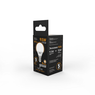 Лампа Gauss Шар 9.5W 890lm 3000K E14 LED / 105101110