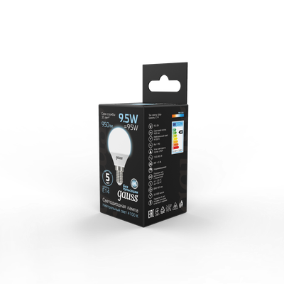 Лампа Gauss Шар 9.5W 950lm 4100K E14 LED / 105101210