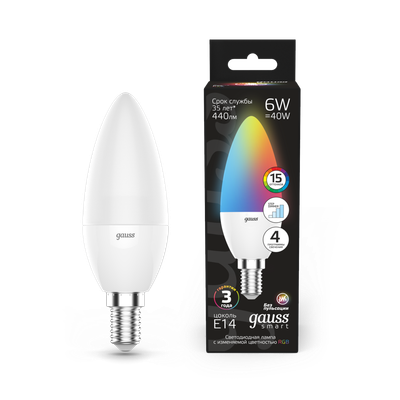 Лампа Gauss Свеча 6W E14 RGBW+димирование LED / 103101406