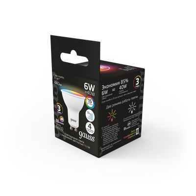 Лампа Gauss MR16 6W GU10 RGBW+димирование LED / 101106406