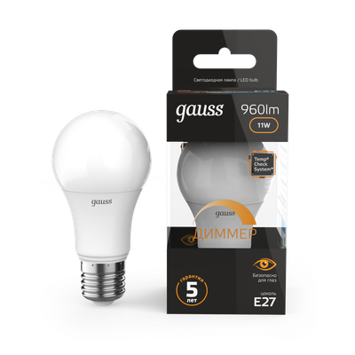 Лампа Gauss A60 11W 960lm 3000К E27 диммируемая LED / 102502111-D