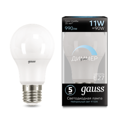 Лампа Gauss A60 11W 990lm 4100К E27 диммируемая LED / 102502211-D