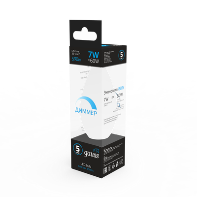 Лампа Gauss Свеча 7W 590lm 6500К E14 диммируемая LED / 103101307-D