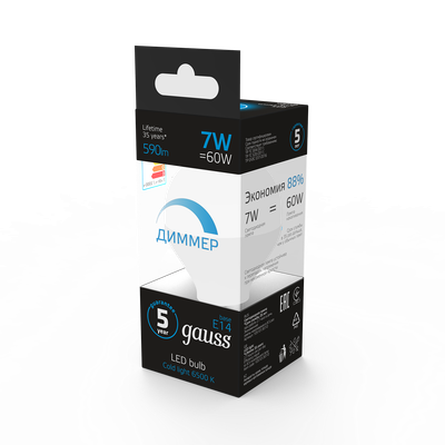 Лампа Gauss Шар 7W 590lm 6500К E14 диммируемая LED / 105101307-D