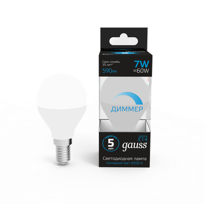 Лампа Gauss Шар 7W 590lm 6500К E14 диммируемая LED / 105101307-D