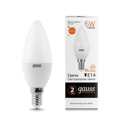 Лампа Gauss Elementary Свеча 6W 420lm 3000K Е14 LED / 33116