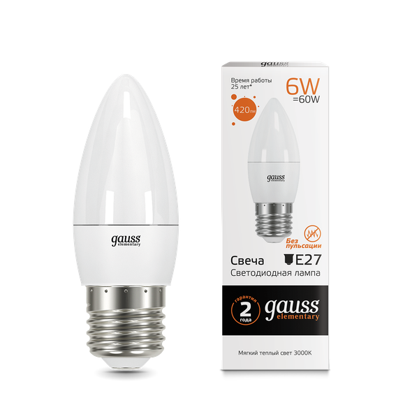 Лампа Gauss Elementary Свеча 6W 420lm 3000K Е27 LED / 33216