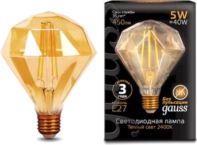 Лампа Gauss Filament Diamond 5W 450lm 2400К Е27 Golden LED / 147802005 - фото