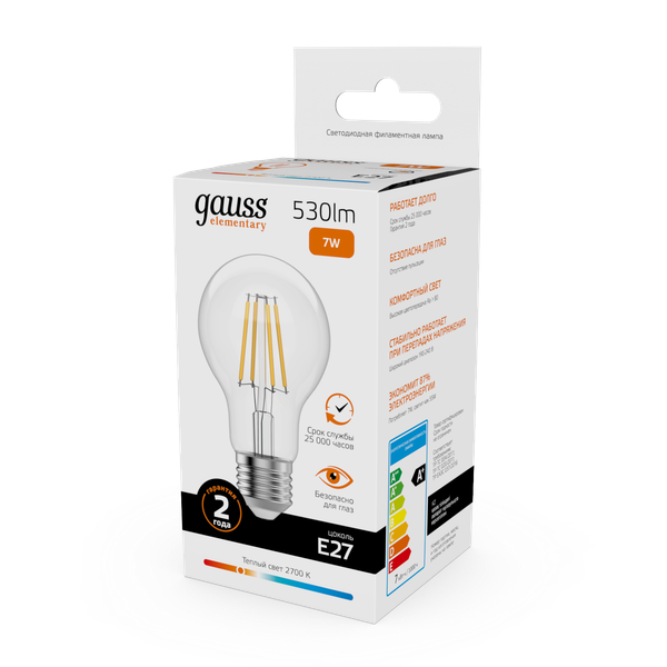 Лампа Gauss Filament Elementary А60 7W 530lm 2700К Е27 LED / 22217