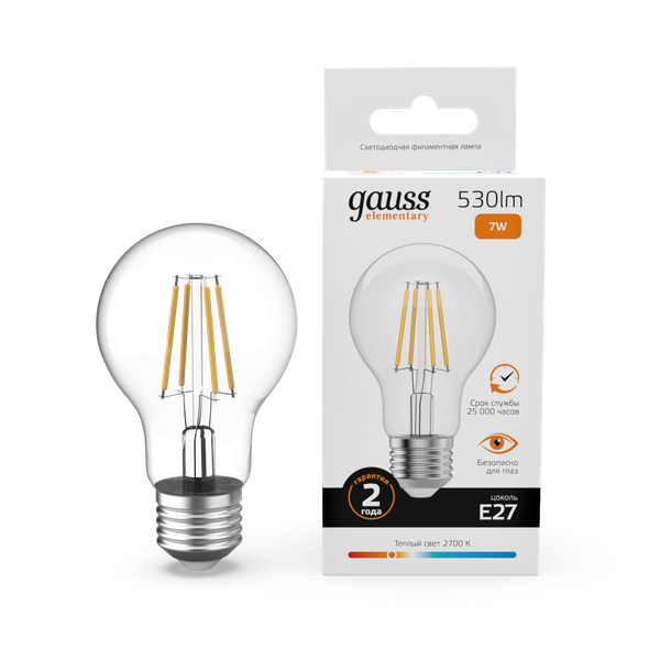 Лампа Gauss Filament Elementary А60 7W 530lm 2700К Е27 LED / 22217