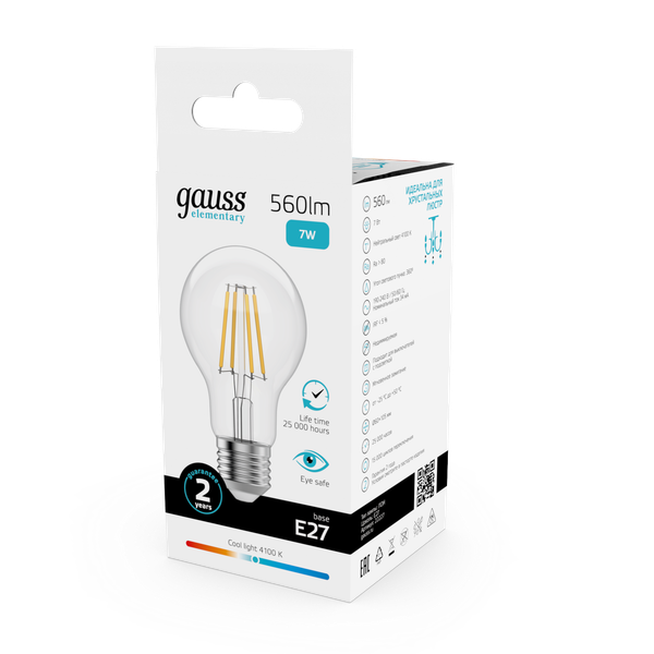 Лампа Gauss Filament Elementary А60 7W 560lm 4100К Е27 LED / 22227