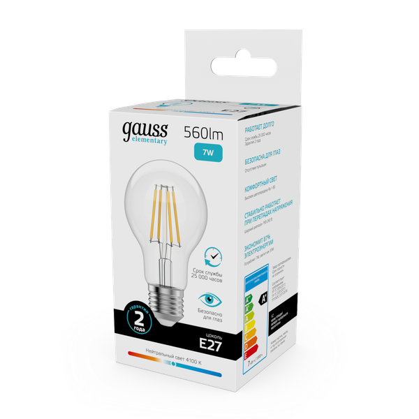 Лампа Gauss Filament Elementary А60 7W 560lm 4100К Е27 LED / 22227