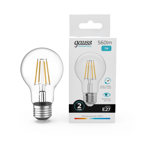 Лампа Gauss Filament Elementary А60 7W 560lm 4100К Е27 LED / 22227