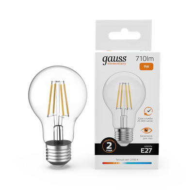 Лампа Gauss Filament Elementary А60 9W 710lm 2700К Е27 LED / 22219