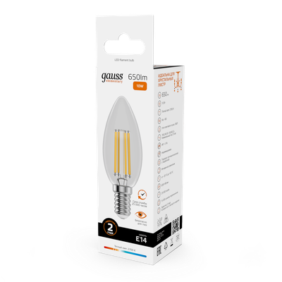 Лампа Gauss Filament Elementary Свеча 10W 650lm 2700К Е14 LED / 32110
