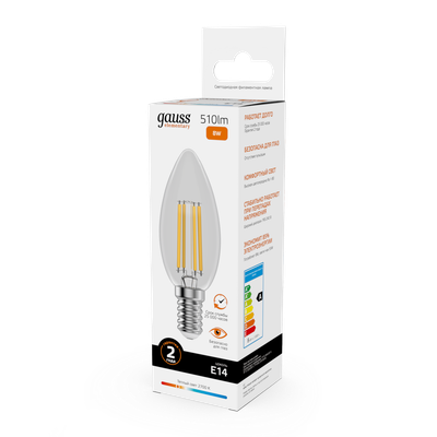 Лампа Gauss Filament Elementary Свеча 8W 510lm 2700К Е14 LED / 32118