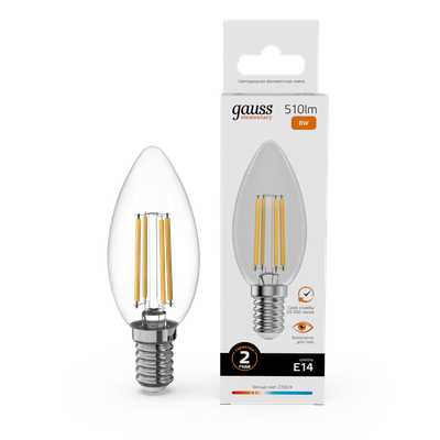 Лампа Gauss Filament Elementary Свеча 8W 510lm 2700К Е14 LED / 32118
