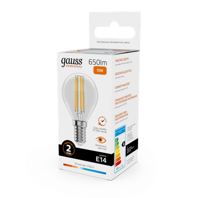 Лампа Gauss Filament Elementary Шар 10W 650lm 2700К Е14 LED / 52110