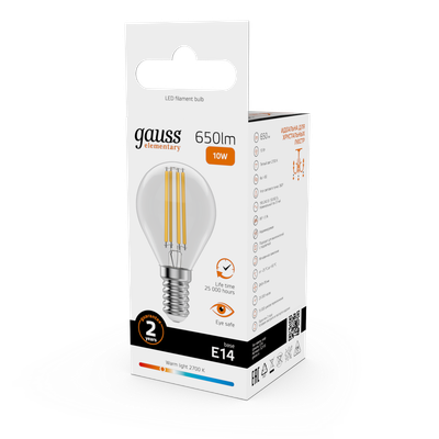 Лампа Gauss Filament Elementary Шар 10W 650lm 2700К Е14 LED / 52110