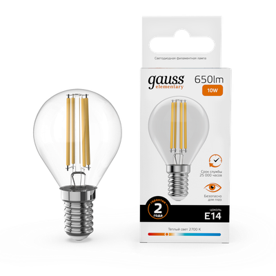 Лампа Gauss Filament Elementary Шар 10W 650lm 2700К Е14 LED / 52110