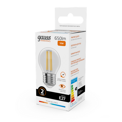 Лампа Gauss Filament Elementary Шар 10W 650lm 2700К Е27 LED / 52210