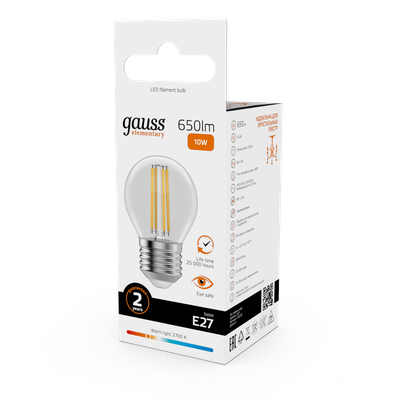 Лампа Gauss Filament Elementary Шар 10W 650lm 2700К Е27 LED / 52210