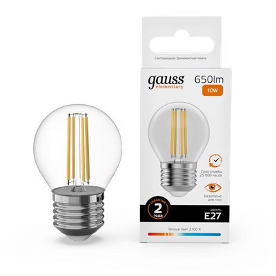 Лампа Gauss Filament Elementary Шар 10W 650lm 2700К Е27 LED / 52210