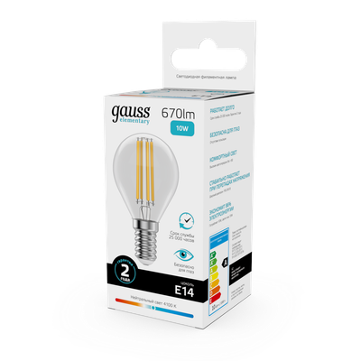 Лампа Gauss Filament Elementary Шар 10W 670lm 4100К Е14 LED / 52120