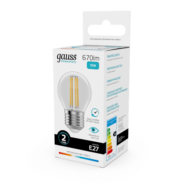 Лампа Gauss Filament Elementary Шар 10W 670lm 4100К Е27 LED / 52220