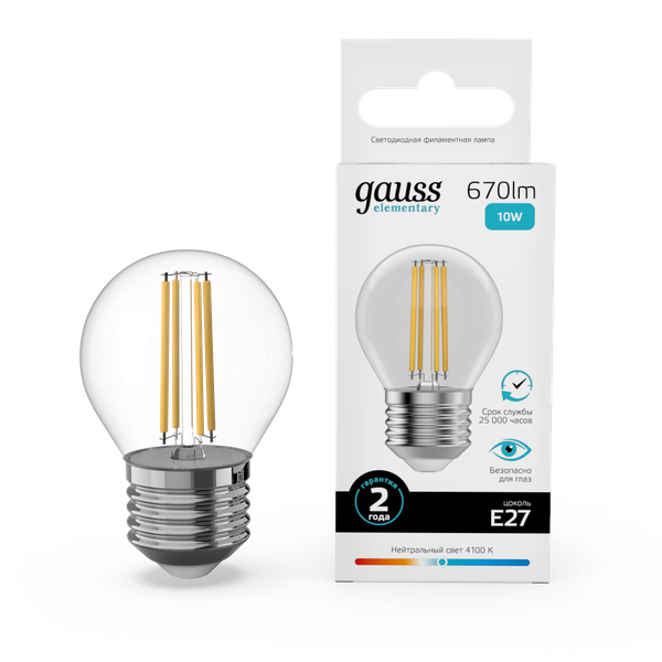 Лампа Gauss Filament Elementary Шар 10W 670lm 4100К Е27 LED / 52220