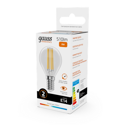 Лампа Gauss Filament Elementary Шар 8W 510lm 2700К Е14 LED / 52118