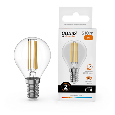Лампа Gauss Filament Elementary Шар 8W 510lm 2700К Е14 LED / 52118