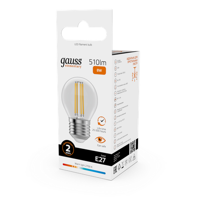 Лампа Gauss Filament Elementary Шар 8W 510lm 2700К Е27 LED / 52218