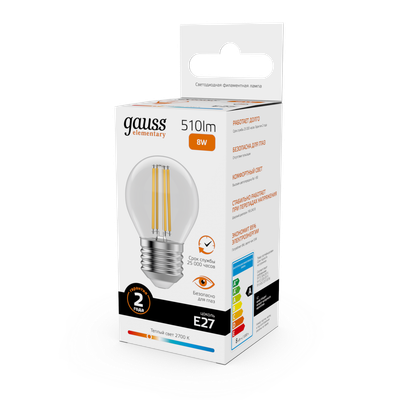 Лампа Gauss Filament Elementary Шар 8W 510lm 2700К Е27 LED / 52218