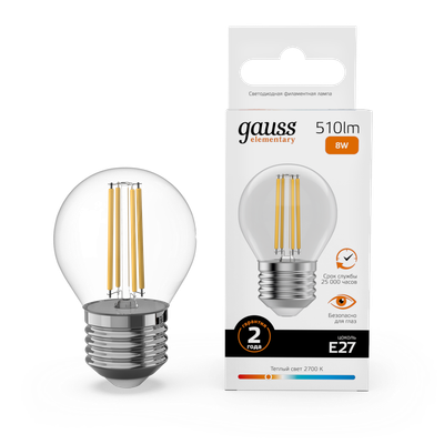Лампа Gauss Filament Elementary Шар 8W 510lm 2700К Е27 LED / 52218