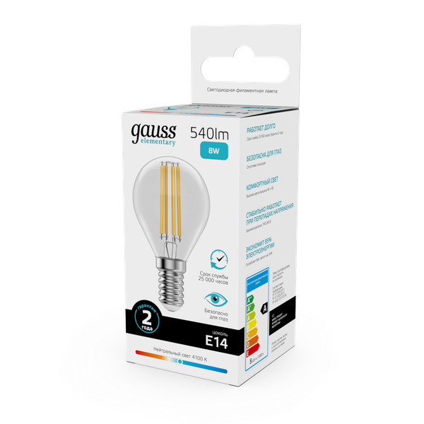 Лампа Gauss Filament Elementary Шар 8W 540lm 4100К Е14 LED / 52128