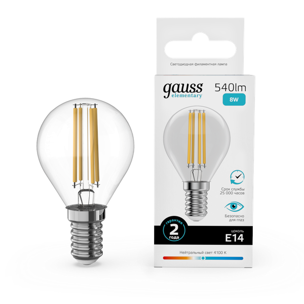 Лампа Gauss Filament Elementary Шар 8W 540lm 4100К Е14 LED / 52128